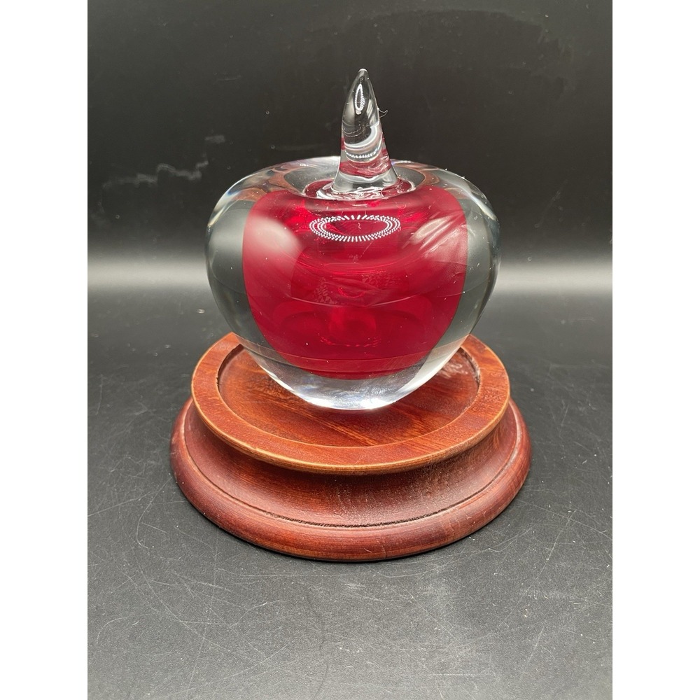 Vtg Art Glass Red Apple Fruit Sculpture Hand Blown Paperweight Clear 4" - Picture 3 of 9